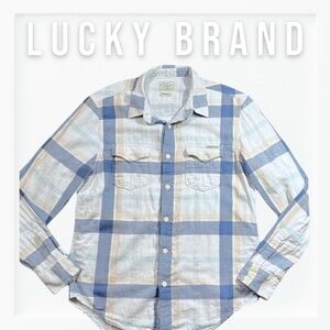 Lucky Brand Basic Western Flannel Blue & Cream Mens Button Down sz M